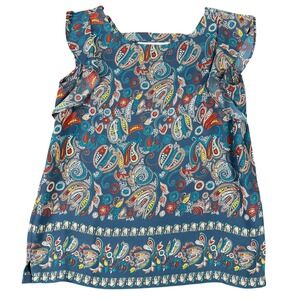 LOFT Paisley Print Flutter Sleeve Blouse Blue Boho Chic Border Hem XXSP Womens